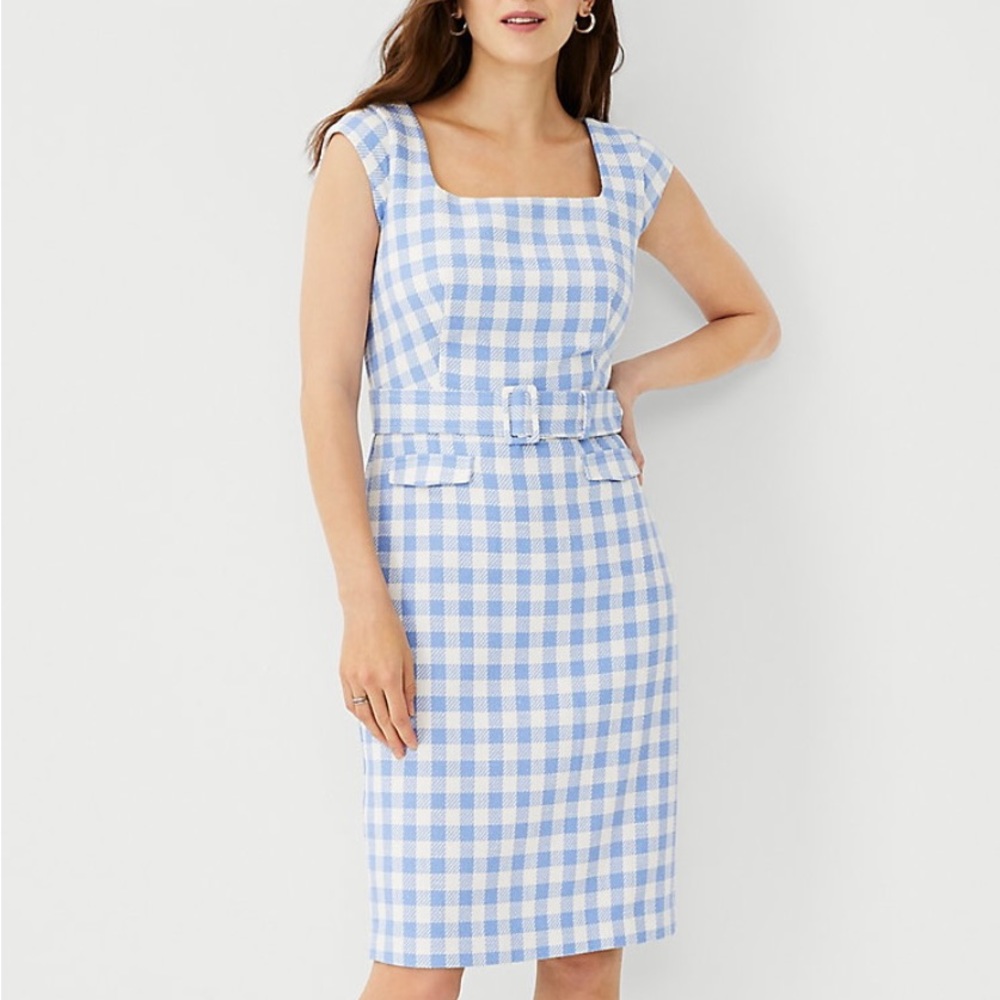 NWT Ann Taylor Windswept Blue White Gingham Check Belted Sheath Dress Size 12 P